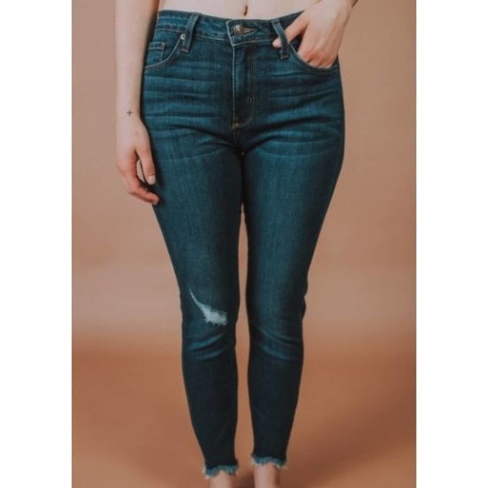 JUST BLACK DENIM Womens Sz 25 Fringe Hem Dark Wash Denim Whiskered Skinny Jeans